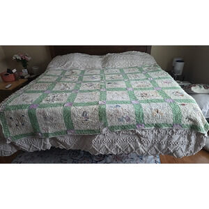 Vtg Handmade Green Floral Project Grannycore Cottagecore Bedding Bedspread Quilt